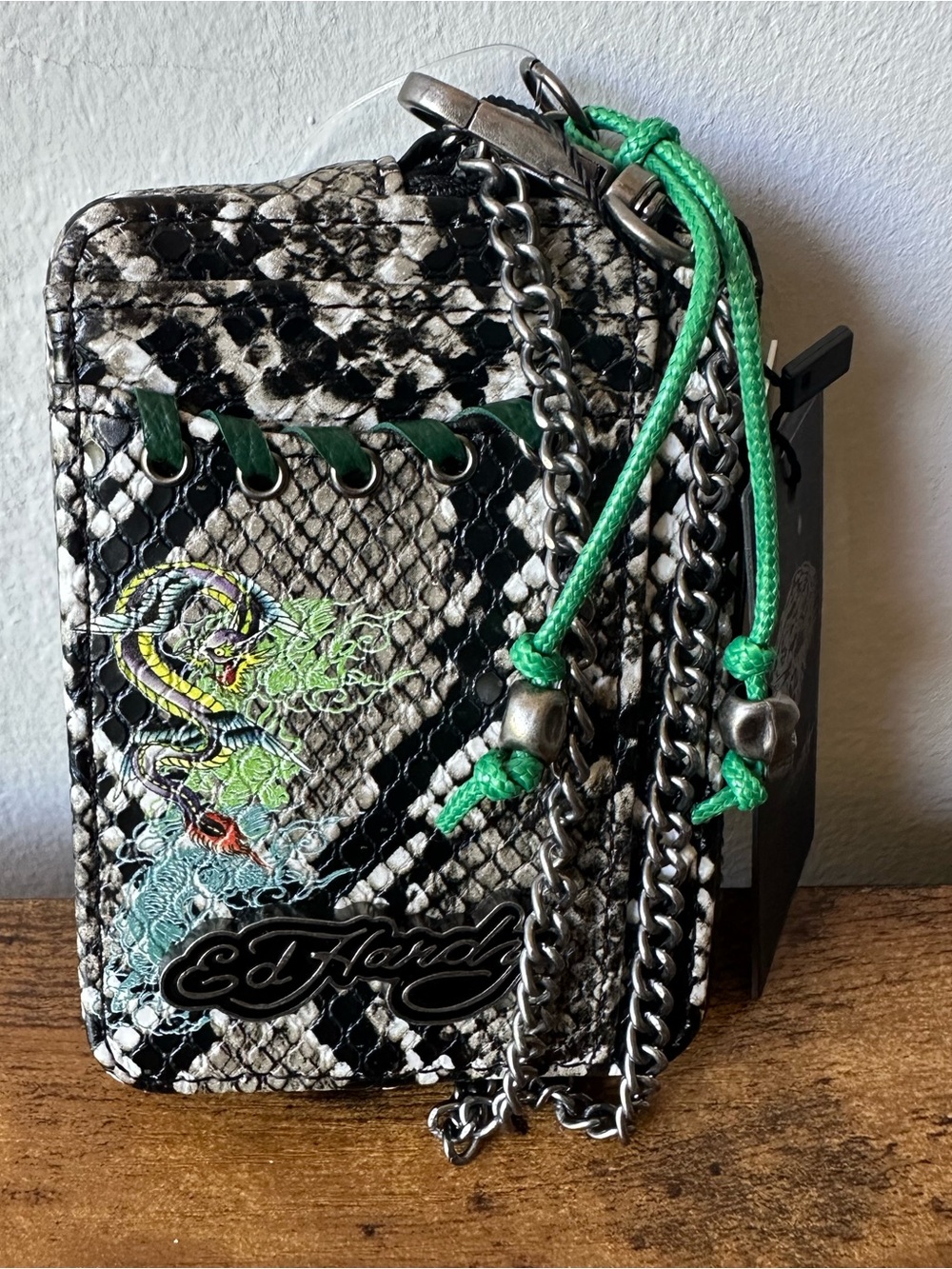 Ed Hardy Black & White Snake-Print Wallet with Silver Chain Wristlet NWT